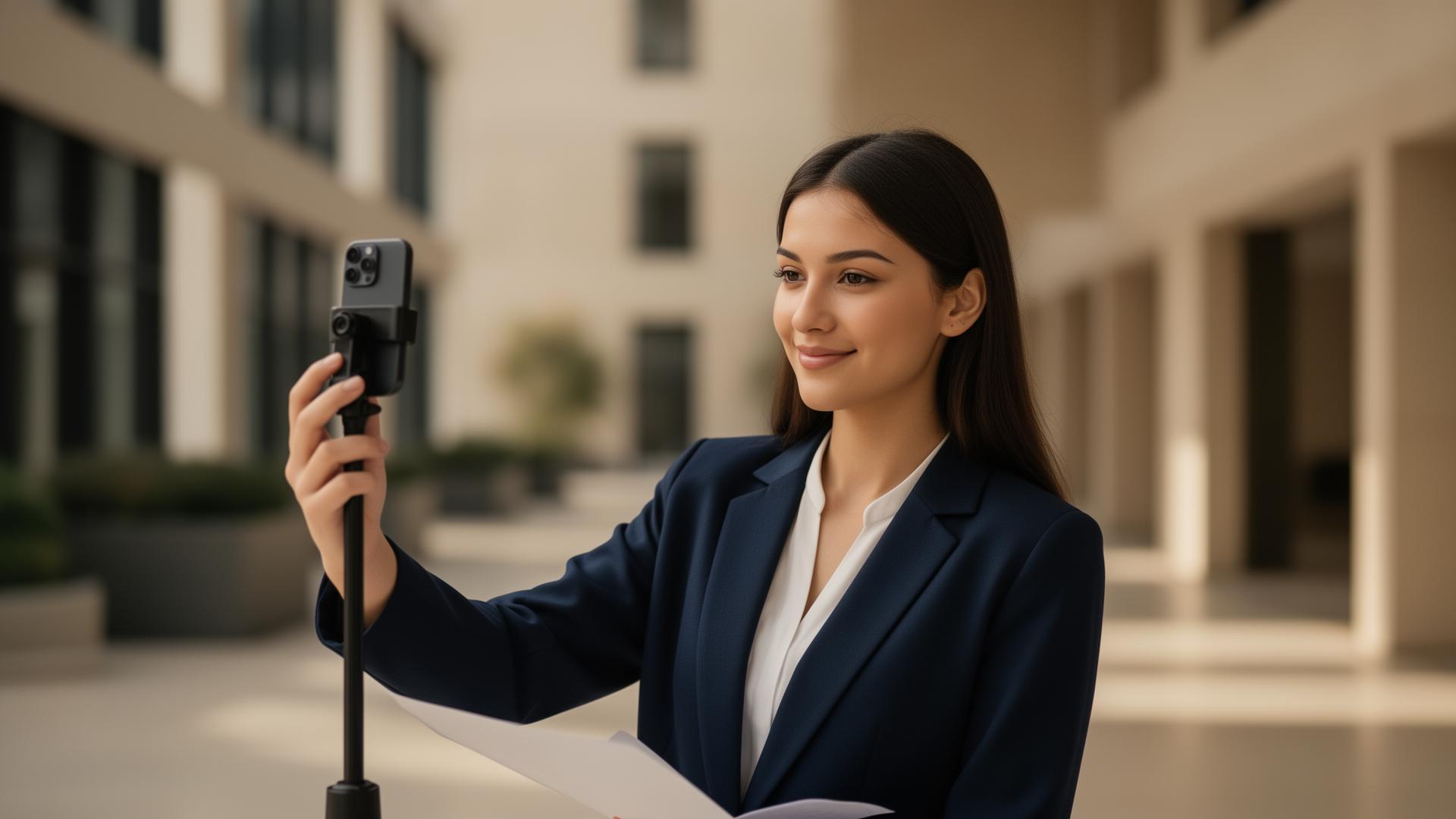 Étudiante enregistrant son CV vidéo professionnel sur un campus